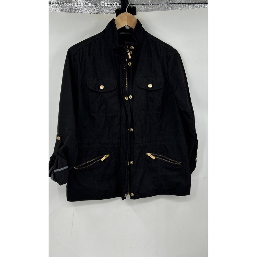 Lands' End Black Full Zip Zip Pocket Gold Button Sinch Jacket Womens M Oversized
